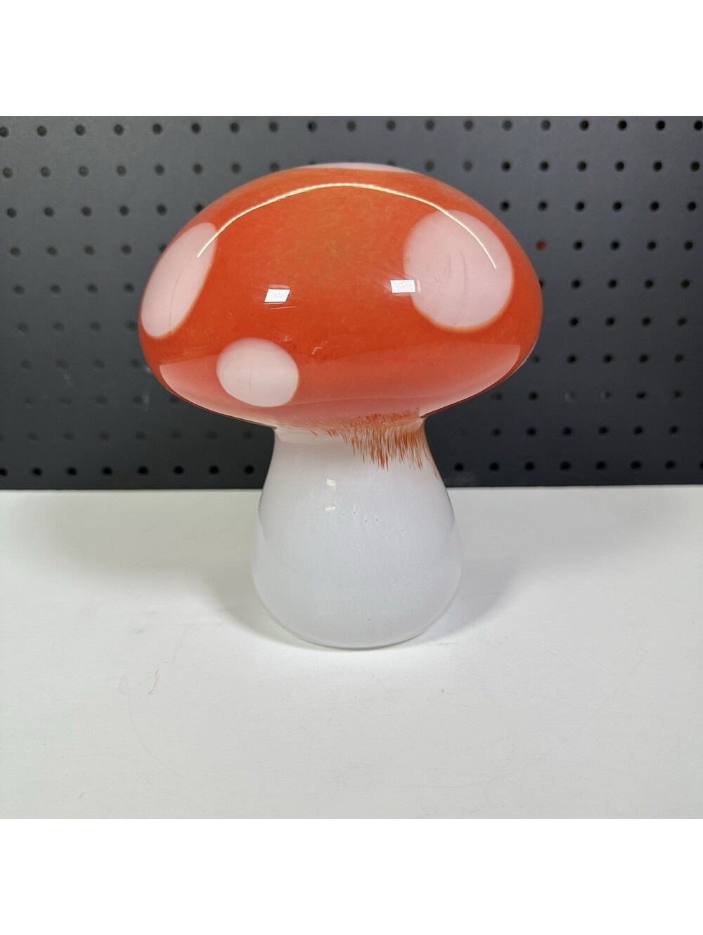 Vintage MCM Style Hand-Blown Art Glass Mushroom – Orange & White Amanita